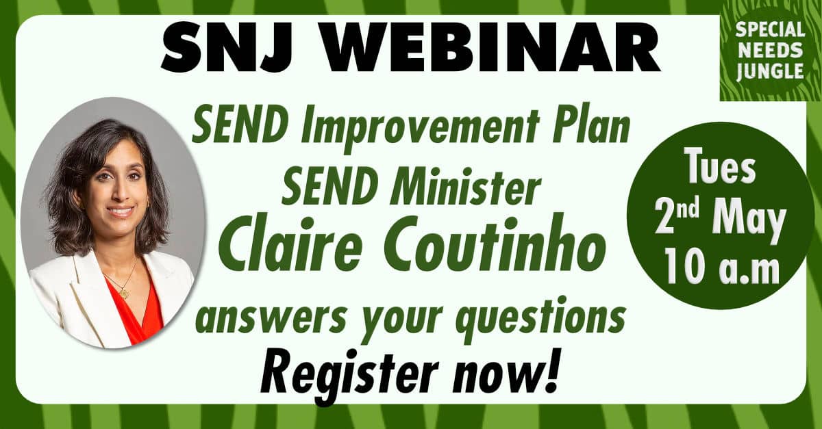 SpcialNdsJungle's tweet photo. NEW SNJ WEBINAR: 🖥️ Ask the Minister!  @ClaireCoutinho the Minister responsible for #SEND will be answering your questions on the SEND improvement Plan with SNJ
 📆 2nd May ⏰ 10am.  📝 Register here:  https://t.co/0lRS1axRbz https://t.co/sKixPxpyZR