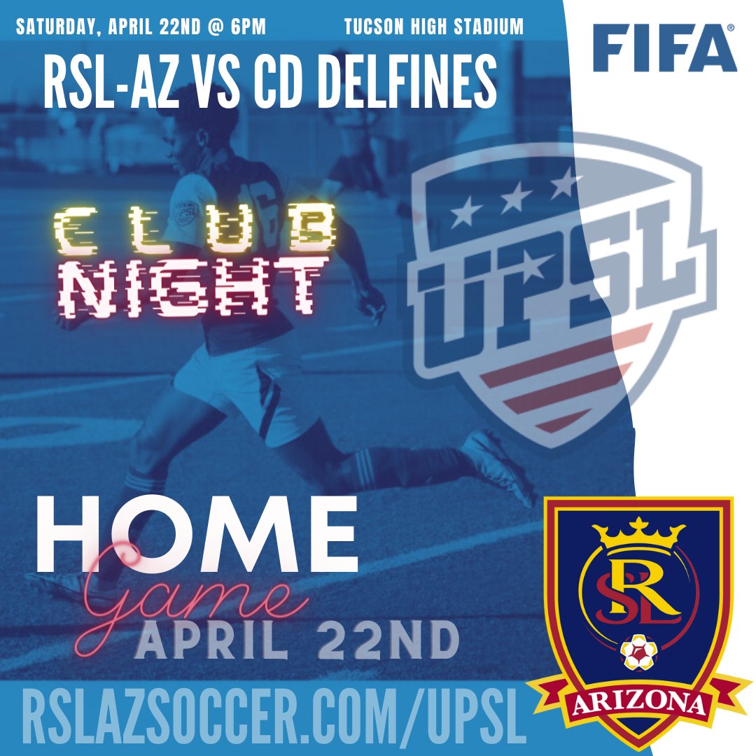 UPSL Club Night! All players and parents are invited to join us this Saturday, 6PM at Tucson High Stadium. Come support our very own RSL-AZ UPSL Men as they face off against CD Delfines out of Phoenix. RSLAZSOCCER.COM/UPSL

<a href="/UPSLsoccer/">UPSL</a> #rslaz #realsaltlake #rslaz #asone