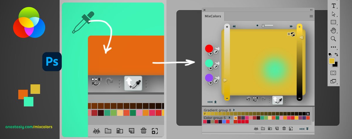 PhotoshopPanels's tweet photo. Tip#123 for digital artists: Achieve physically accurate shades, reflections, and lighting in #Photoshop from 🦋various parts of document ✨ with 1 click using MixColors. Activate “Mix Eyedropper” button, then click, pick and mix with Eyedropper https://t.co/wcVnTIqd8n https://t.co/kYqtuJlUbK