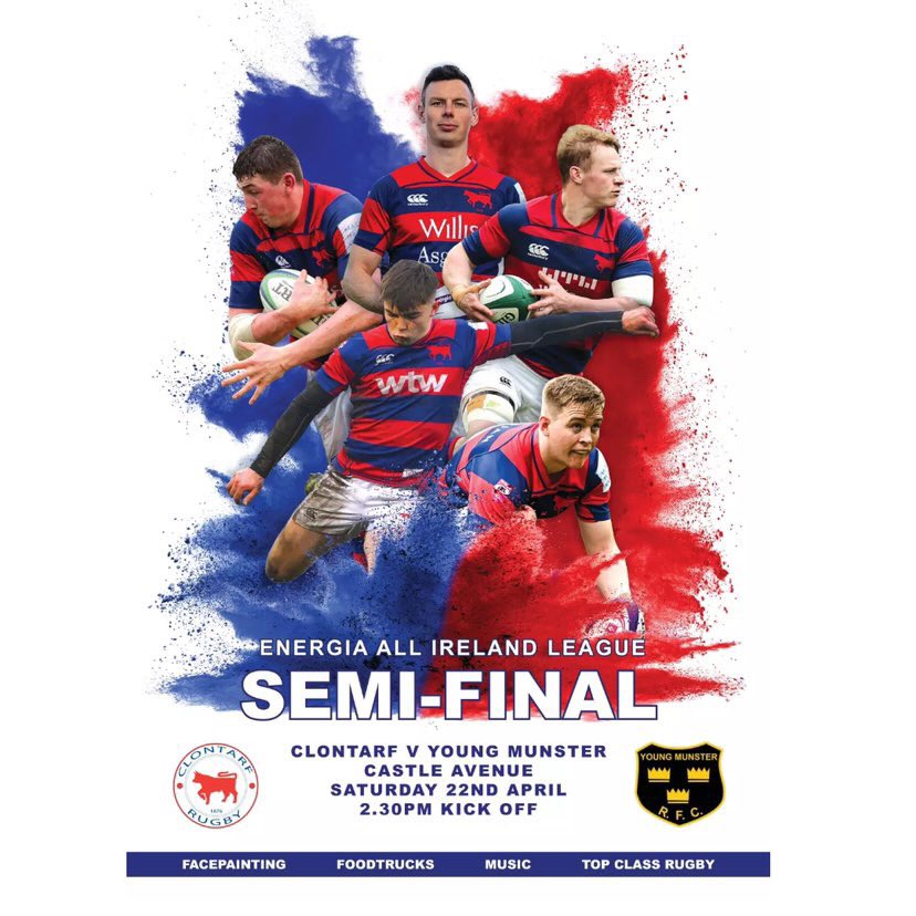 ClontarfCC's tweet photo. Big day for the parish this Saturday. @clontarfrugby host Young Munster in the Bull Ring at 2.30 in the AIL semifinal
All at CCC are backing you and wish you the best of luck. Make it down on Saturday if you can. This will be HUGE #BleedRedandBlue #Bulls4Life https://t.co/xn6CxtMbN1