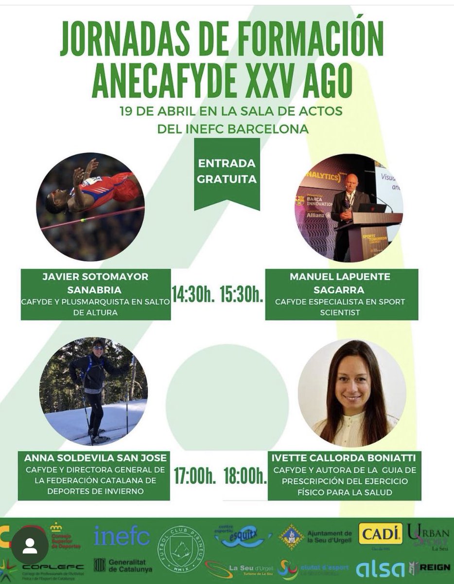 inefcat's tweet photo. 📣 ACTES | Avui, a #INEFCbcn, inauguració de la XXV AGO de l'@anecafyde amb pònències de referents del món de l'esport obertes a tothom.
⛰️ Del 20-22/4 a #INEFCpirineus: tallers i formacions a diverses instal.lacions de la Seu d'Urgell
➡️ Programa: https://t.co/cw8TpBU0MQ https://t.co/nhgJNio2lI