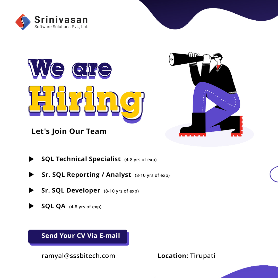 sssbiplus's tweet photo. Attention all #SQLExperts! We're currently looking for highly skilled and motivated individuals to join our team. We have multiple #JobOpenings. 

Send your resume to 𝒓𝒂𝒎𝒚𝒂𝒍@𝒔𝒔𝒔𝒃𝒊𝒕𝒆𝒄𝒉.𝒄𝒐𝒎.

#ITJobsInTirupati #SQLDeveloper #SSSPL #SoftwareCompanyInTirupati https://t.co/vsQqxPAw2X