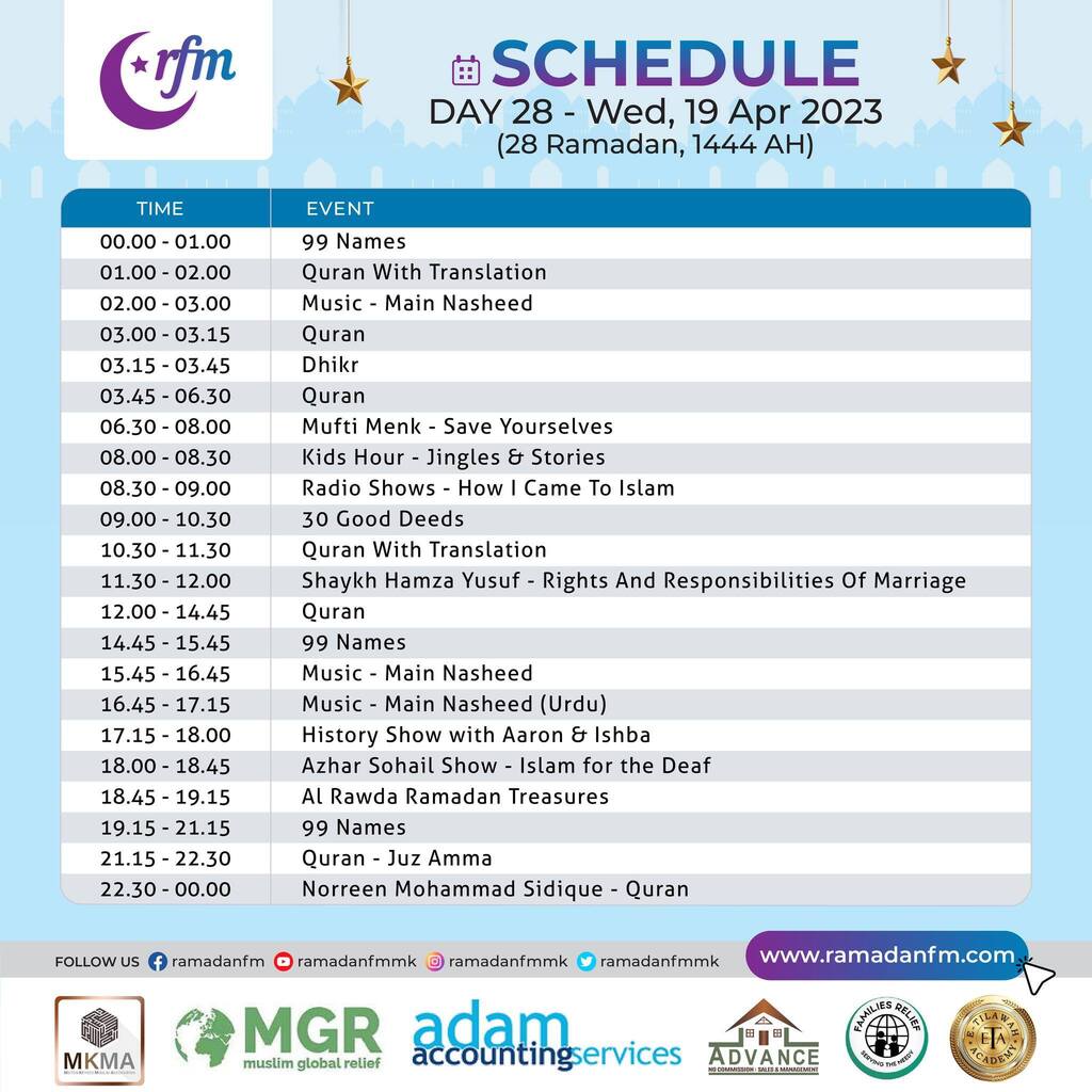 ramadanfmMK's tweet photo. RamadanFM Day 28 is here!
Day 28 Schedule - Wed, 19 Apr 2023
(28 Ramadan, 1444 AH)

Listen Live https://t.co/SwHHhRlJVC

#ramadanday28🌙  #RamadanFM #ramadanfmmk #holymonthoframadan #LISTENLIVE #muftimenk #shaykhhamzayusuf #quranmajeed #99names #gooddeeds #miltonkeynes #miltonk… https://t.co/F7jwTdeZ2k