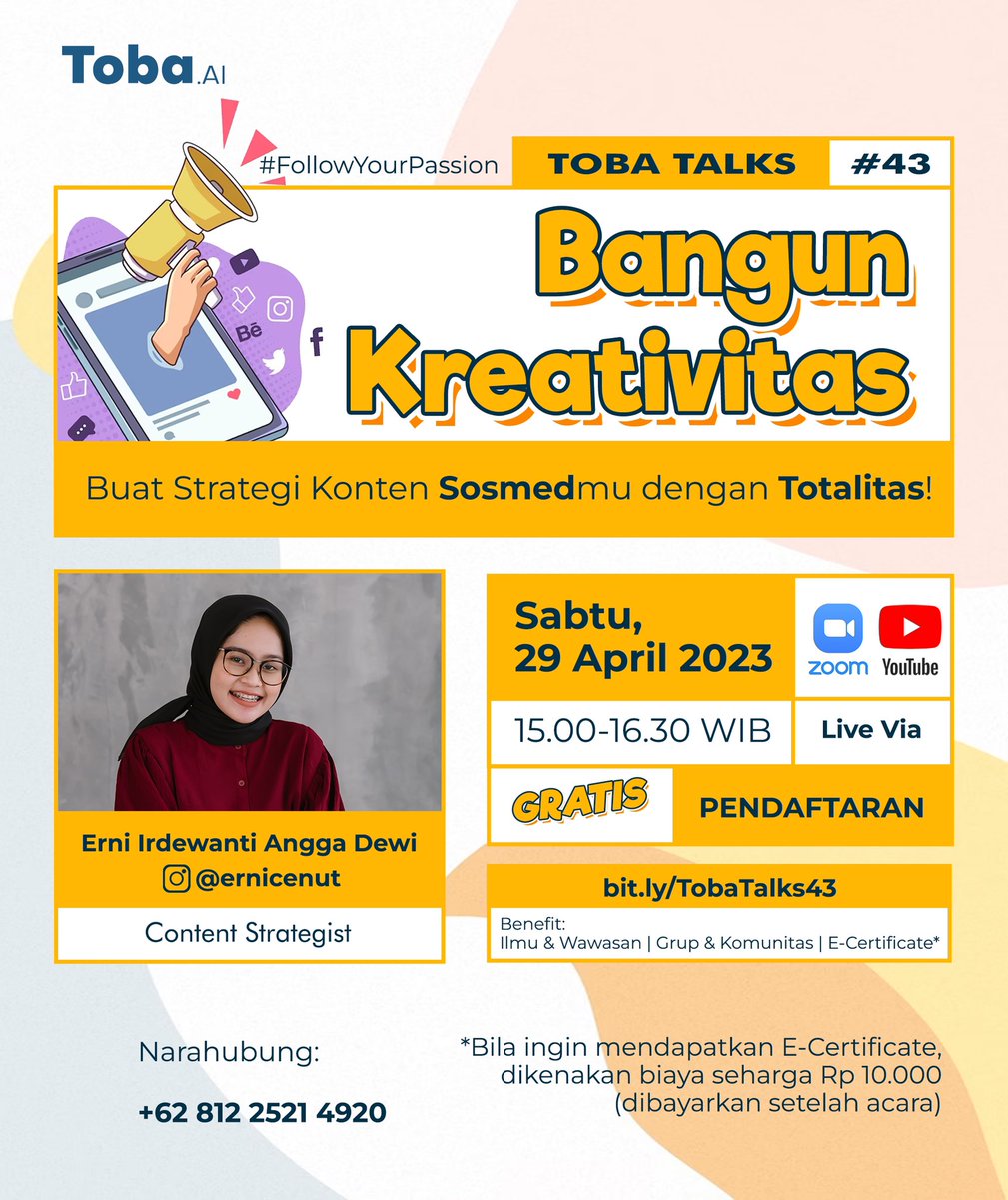 widya_analytic's tweet photo. Toba Talks 43: Bangun Kreativitas, Buat Strategi Konten Sosmedmu dengan Totalitas!

Gratis akun https://t.co/x9WaurmF9u Premiun juga bagi 3 orang penanya pertama!

Link pendaftaran:https://t.co/3V9nZRas0g https://t.co/zmjUOeF8Qc