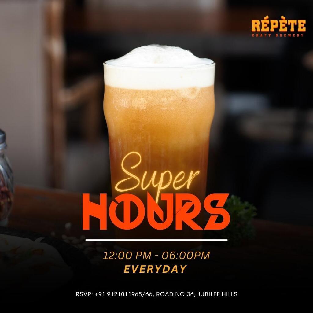 Repete_Brewery's tweet photo. Treating your friends or giving yourself a break, Super Hours is the best time!

12PM to 6PM
Drinks @ 149/- 🍻

RSVP- +91 91210 11965/66

#Repete #beer #craftbeer #beerlove #whynotabeer #BarsOfHyderabad #Drinks #Food #Dance #Rooftop #RepeteBrewery #Re… https://t.co/fRXwxAM9Sm https://t.co/0uwQnm0W6B
