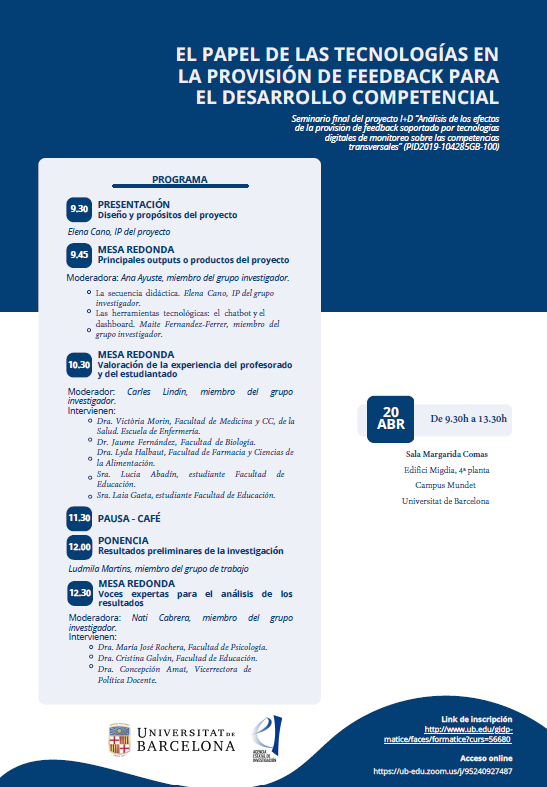 Mañana en <a href="/EducacioUB/">Facultat Educació UB</a> presentamos el proyecto @EFeedskill financiado por <a href="/AgEInves/">Agencia Estatal de Investigación</a>  sobre #feedback #SRL #chatbot #dashboard Explicaremos tanto el proceso como un avance de resultados, que interpretaremos junto a diversos agentes.  Os esperamos!