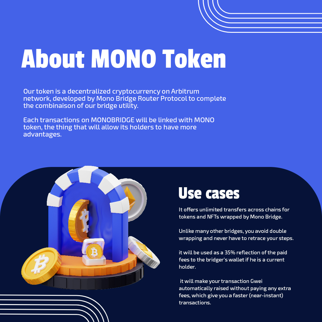 MonoBridgeApp's tweet photo. $MONO Token is so much more than just a #token !  

The Mono Bridge token will play a vital role in the ecosystem, allowing users to: 

🔹participate in governance
🔹access exclusive features
🔹receive rewards for staking
and many more to come in the future.

With the fair launch, users can rest assured that everyone has an equal opportunity to participate in the launch, with no pre-sale or early access for insiders. 

https://t.co/6QP3zRZNmI
https://t.co/a9RKAfDowx

▫️ Don't miss out on this opportunity to become part of the Mono Bridge ecosystem. 

#Arbitrum #x100 #AIDOGE $PEPE #Crypto