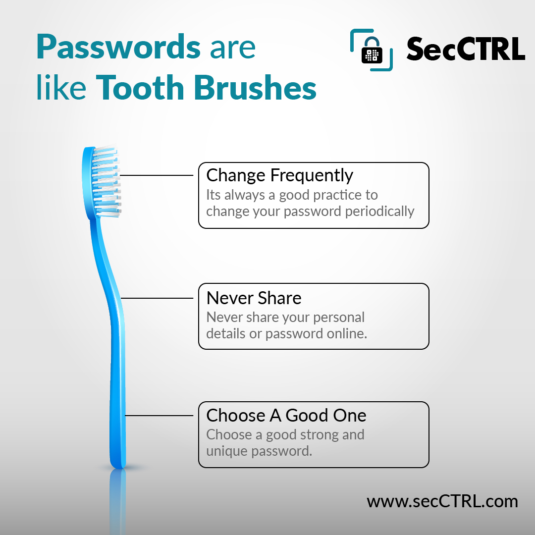 Secctrl2's tweet photo. Passwords are like toothbrushes - choose wisely and change often!

Don't let Cyber threats ruin your smile!

Stay secure with regular updates from SecCTRL

#passwordattack #cyberthreat #protect #cyberassesment #secctrl https://t.co/tAADLOxWDC