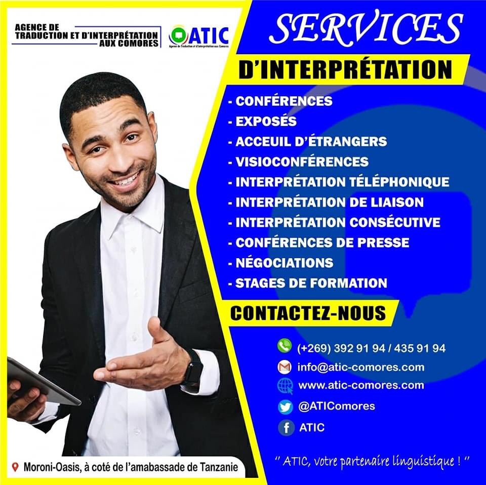 ATIComores's tweet photo. 🌐 l'Agence professionnelle ATIC offre des services d’interprétation consécutive et simultanée de grande qualité, destinés tant à  des personnes qu’à une vaste gamme d’organisations du secteur public ou privé. 
WhatsApp: https://t.co/745o2DdAuI
@UnfpaComores https://t.co/C53Rc01TqF