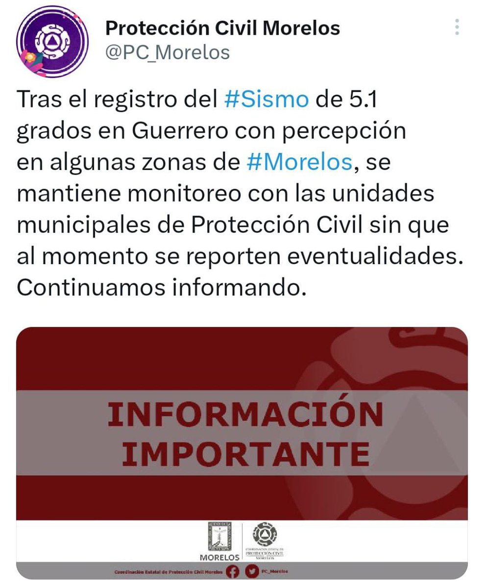 TNoticiasMexic1's tweet photo. #Actualización 🔴➡️Se ajusta magnitud a 5.1 el #simso registrado hace unos momentos con epicentro en #Guerrero.
Asegura protección civil #Morelos que no hay daños en el estado. https://t.co/FZ0rh6LtaE