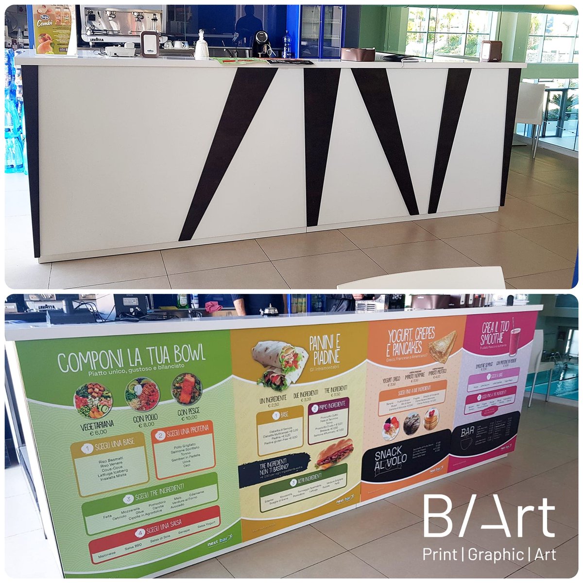 🆕 #restylingfurniture 
Un nuovo bancone completo di #menubar alla Wellnext Sport Club ssd 👈
Praticità, colore, stile in un'unica #soluzione 
👉 Nei prossimi #tweet le nostre nuove proposte espositive e grafiche.
Seguite B/Art sui social 💜💚 e se vi va, lasciate un commento.