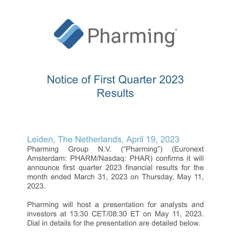 PharmingForum's tweet photo. Notice of First Quarter 2023 Results
$PHAR https://t.co/ZMmSB6Cd9t