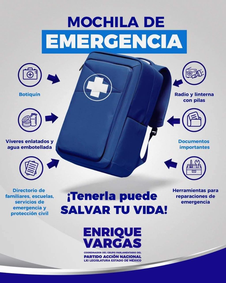 En caso de un sismo es muy importante contar con una mochila de emergencia. Les comparto lo que debe de llevar. 

#PrevenirSalvaVidas