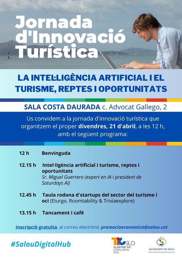 TICSud's tweet photo. 💡🌍‼️Aquest divendres a #Salou us esperem a la #Jornada 'La IA i el #turisme, reptes i oportunitats'
📅21/4
⏰12h
✍️promocioeconomica@salou.cat
⭐️Taula rodona amb les empreses de la #ComunitatTICSud #Roomtability i @triviaexplore!
#Innovació #SalouDigitalHub #TICSud #IA https://t.co/mov8fiOMt3