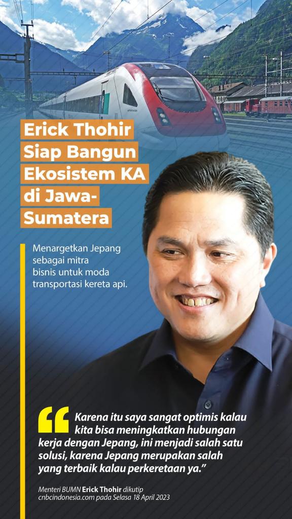 CakCaping's tweet photo. Saya sangat optimis kalau
kita bisa meningkatkan hubungan
kerja dengan Jepang, ini menjadi salah satu solusi, karena Jepang merupakan salah yang terbaik kalau perkeretaan ya."
Menteri BUMN Erick Thohir dikutip
https://t.co/zNlfCRTO72 pada Selasa 18 April 2023.
#BangkitBersamaET https://t.co/o20j2C5Xqq