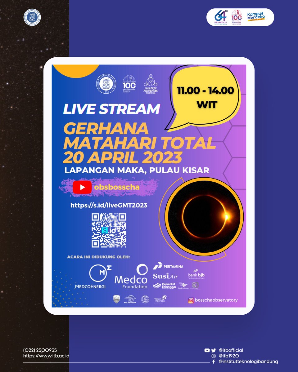 itbofficial's tweet photo. Siaran langsung pkl. 11.00 WIT (GMT+9) hingga 14.00 WIT melalui kanal Youtube Observatorium Bosscha.
Klik tautan berikut dan nyalakan pengingat:
https://t.co/U3ZYsSvyqL
#GerhanaMatahari #Bosscha #ITBsolid #kampusmerdeka #transformasipendidikantinggi https://t.co/aKMI3GXu5K