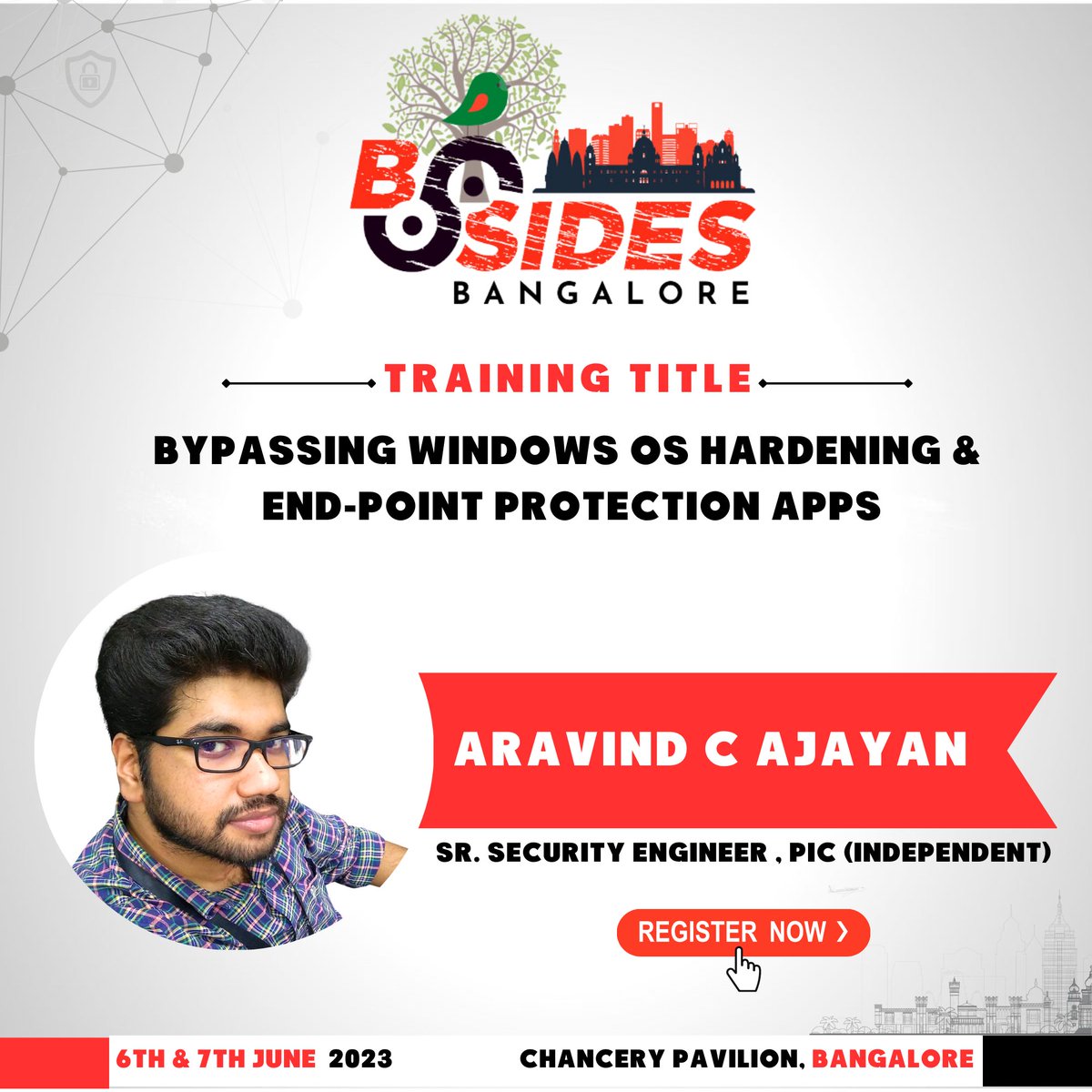 bsidesbangalore's tweet photo. 📷 Introducing "Aravind C Ajayan" for the upcoming
@bsidesbangalore trainings on 6th &amp; 7th June 2023!        

📷📷Register for the trainings at: https://t.co/XYynIVgQ9T 

📷📷Register for the conference at: https://t.co/NhYbJlCRuN 

#BsidesBangalore2023 #Cybersecurity #Trainings https://t.co/KXYeLrILiC