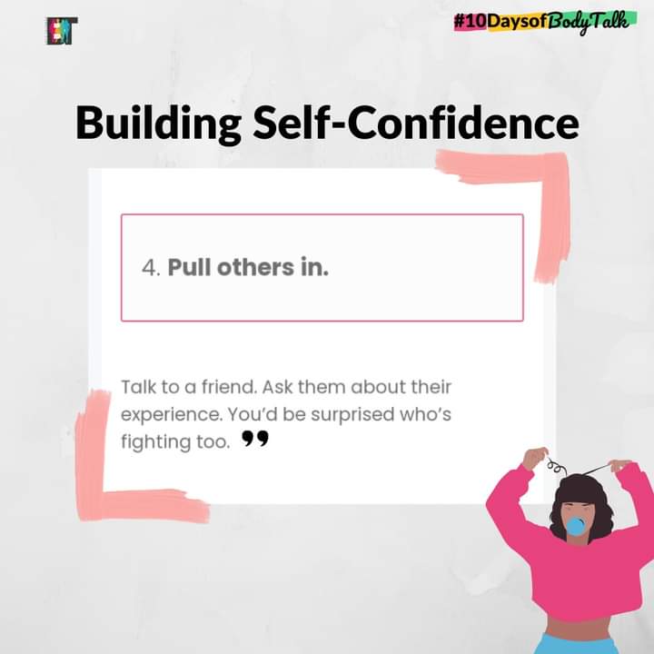 BodyTalkInt's tweet photo. 10 Steps to Building self confidence: 1-5
1. Start on the inside.
2. It is not a day’s job.
3. Deal with the bad days.
4. Pull others in.
5. Catch yourself.
Which of these do want to start practicing today?
#10DaysofBodyTalk #Buildingconfidence #selfconfidence https://t.co/J1IkViTUTJ
