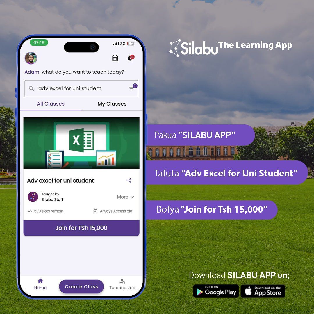 #Mwanachuo ukipigwa interview ya Excel leo unatoboa? 

Kasome #Live  Advanced Excel for Data Analytics kupitia <a href="/silabuapp/">Silabu-The learning App</a> kwa Tsh 15,000 tu. 

Bofya kulipia Darasa link.silabu.com/w6J8/agtxlkyy 

Kwa msaada zaidi piga 0767 931 606

#downloadsilabuapp