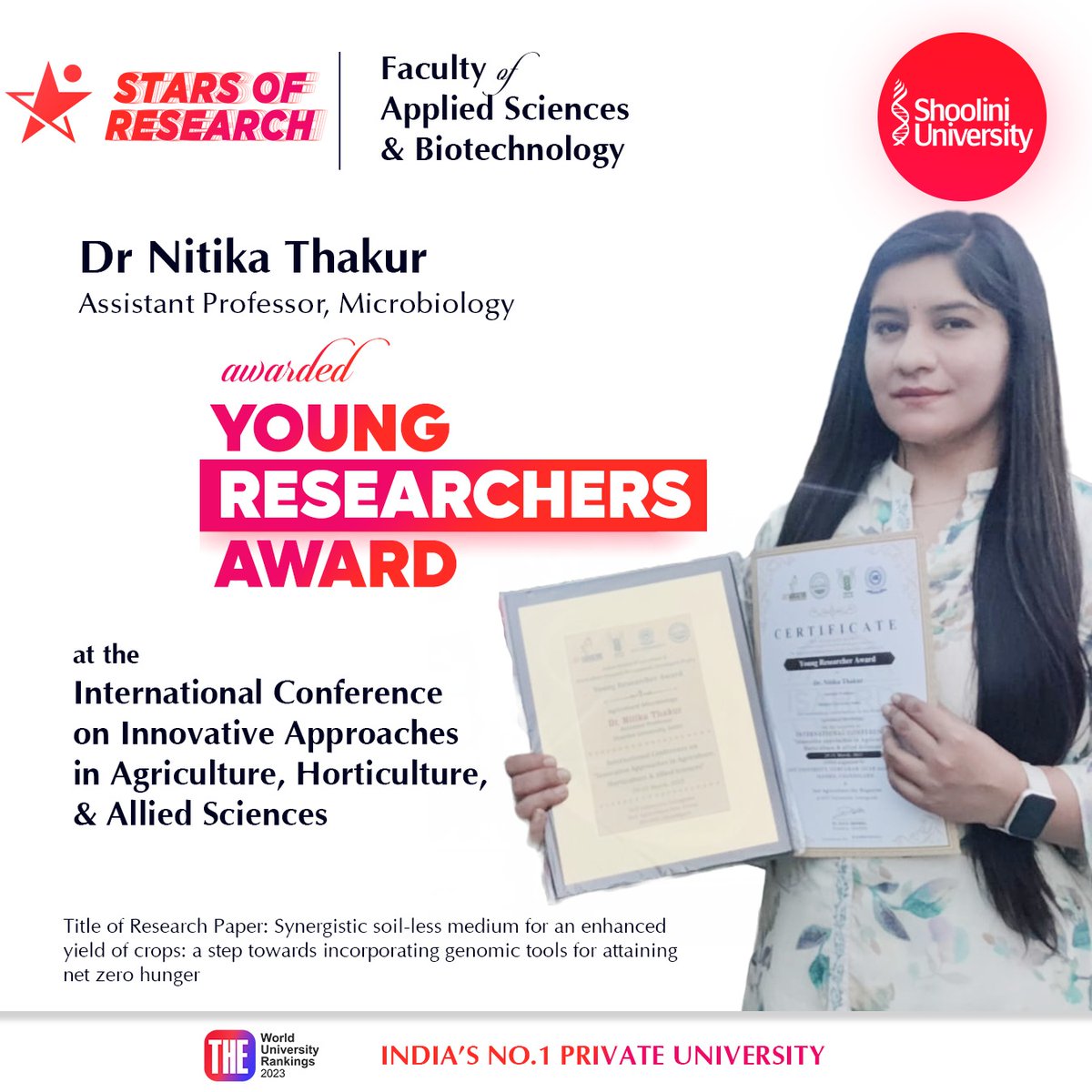 ShooliniUniv's tweet photo. Congratulations Dr Nitika Thakur (Asst Prof Microbiology) for receiving the Young Researchers Award at the International Conference on Innovative Approaches in Agriculture, Horticulture & Allied Sciences!
#ShooliniUniversity #ResearchRockstars #YoungResearchers #AlliedSciences https://t.co/SlbIzY8TnJ