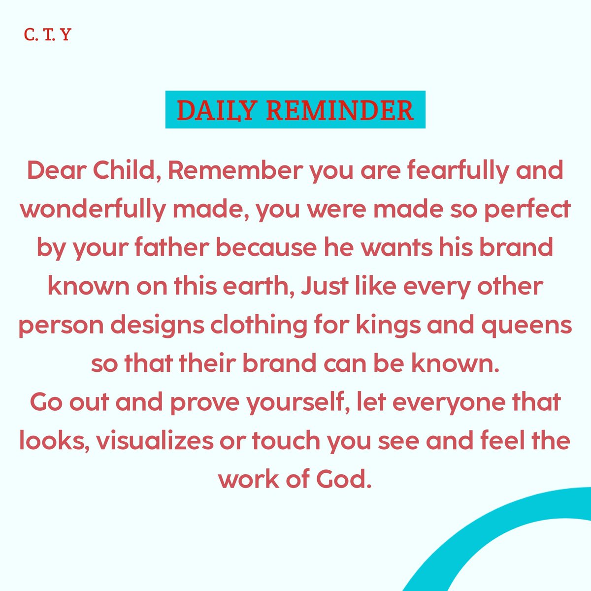 Wonderkanyin20's tweet photo. Dear Child, Remember you are fearfully and wonderfully made, you were made so perfect by your father because he wants his brand known on this Earth.

Go out and prove yourself, let everyone that looks, visualizes or touch you see and feel the work of God.

#CTY
#DailyReminder https://t.co/oGqiI4ozUY