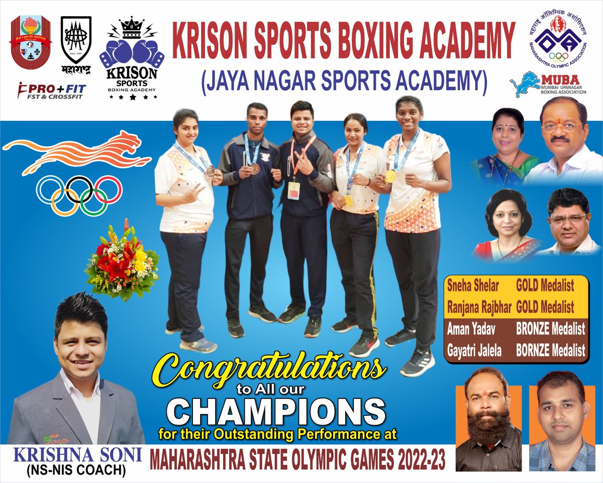 Congratulations to Our Champions for their outstanding performance at Maharashtra State Olympic Games 2022-23
Sneha Shelar & Ranjana Rajbhar(GOLD Medalist)
Aman Yadav & Gayatri Jalela(BRONZE Medalist) 
Thanks to all our Support and Wellwishers #boxingacademy #mumbai #boxingforall
