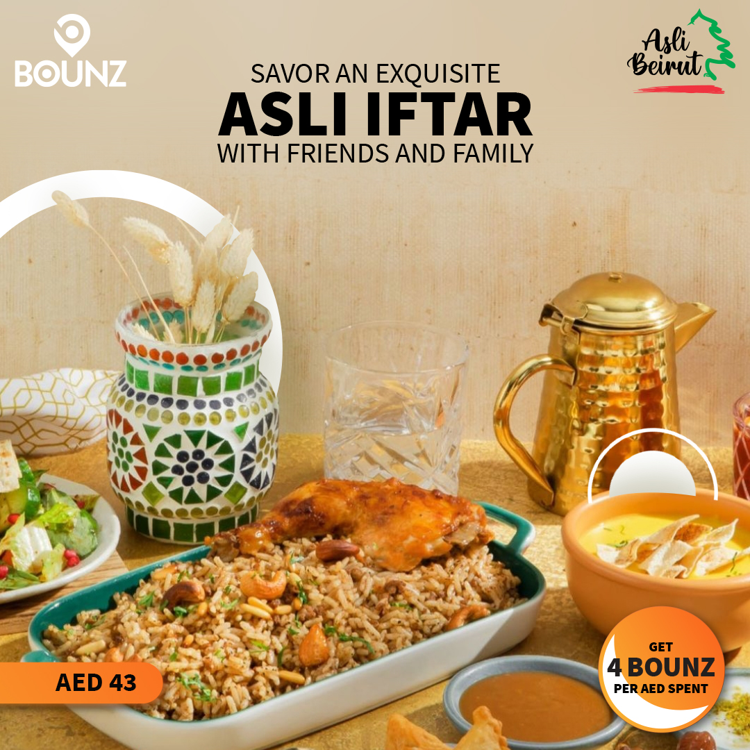 Looking for the best Iftar in the city? Enjoy a savory selection of authentic Lebanese at Asli Beirut for only AED 43. Use the BOUNZ app and collect 4 BOUNZ for every AED spent.

#BOUNZ #AsliBeirut #AsliIftar #LebaneseCuisine #Iftar