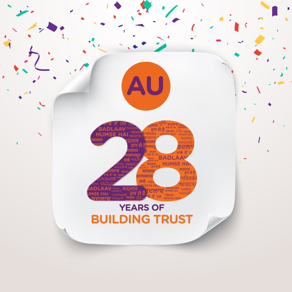 aubankindia's tweet photo. A heartfelt thank you to over 35 lakh customers in a 28-year-long journey for banking on us and with us. It wouldn’t have been possible without you.
#28yearsOfTrust #AUturns28 #BadlaavHumseHai https://t.co/SUiieyj2I7