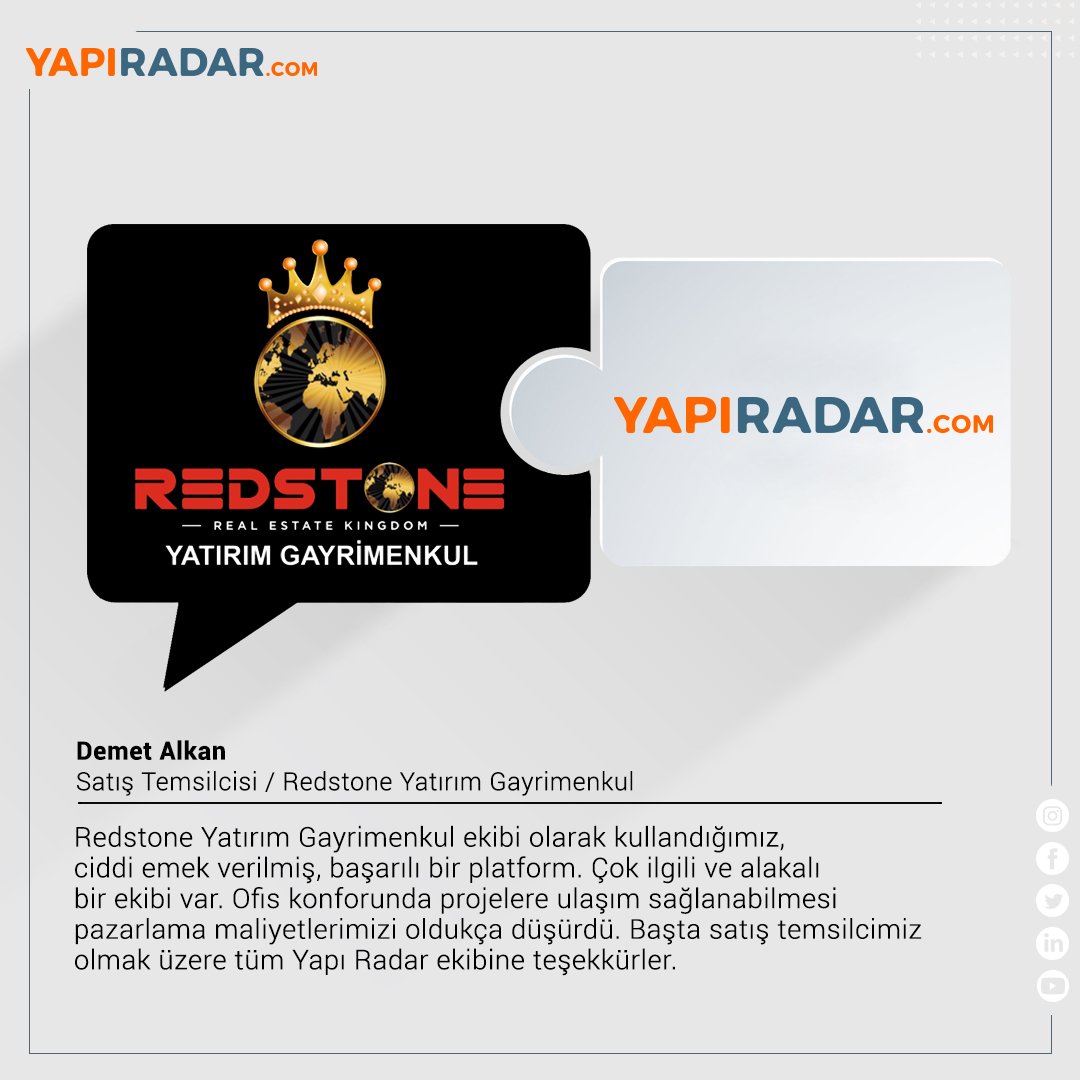 yapiradar's tweet photo. Demet Hanım'a güzel yorumu için teşekkür eder, Redstone Yatırım Gayrimenkul'e başarılar ve bol kazançlar dileriz.
#yapiradar #tedarikcininenbuyukdestegi #birliktedahagucluyuz #redstone #redstoneglobal https://t.co/xonj5T7Rvp