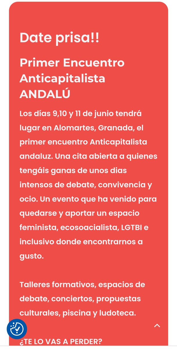 Apúntate aquí!

candeladelabuena.com

En #Graná  

#EncuentroAndalú #anticapitalisme <a href="/anticapi/">Anticapitalistas</a> <a href="/AnticapiGranada/">Anticapitalistas Granada</a> <a href="/AnticapiCordoba/">Anticapi - Córdoba</a> <a href="/AnticapiJaen/">Anticapitalistas Jaén</a> <a href="/Ecosoc_Anticapi/">Ecosocialismo Anticapitalistas</a> <a href="/Anticapi_And/">Anticapitalistas Andalucía</a> <a href="/AnticapiHuelva/">Anticapi Huelva</a>
<a href="/anticapisevilla/">Anticapitalistas Sevilla</a> <a href="/AnticapiCadiz/">Anticapitalistas Cádiz</a>
 <a href="/joseigs_/">Jose Ignacio García ۞</a> <a href="/diegocgalmeria/">Diego Crespo García</a>