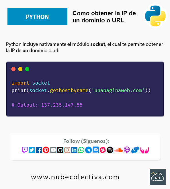 collectivecperu's tweet image. How to Get the IP of a Domain or URL with Python. 
#programmercommunity #devs #program #frontendDev #backendDev #softwaredevelopment #programming #liveprogrammingevents #live #100DaysOfCode #devcommunity #worldcode #python