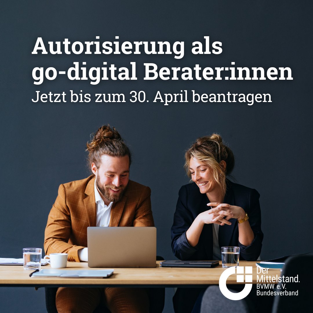 Ihr Unternehmen ist auf Beratungen im Bereich #Digitalisierung spezialisiert? Dann lassen Sie sich jetzt noch bis zum 30. April 2023 für das #Förderprogramm go-digital des @BMWK neu- oder nachautorisieren! 💪

Jetzt Antrag stellen: bit.ly/autorisierung-…

#BVMW #Zertifizierung