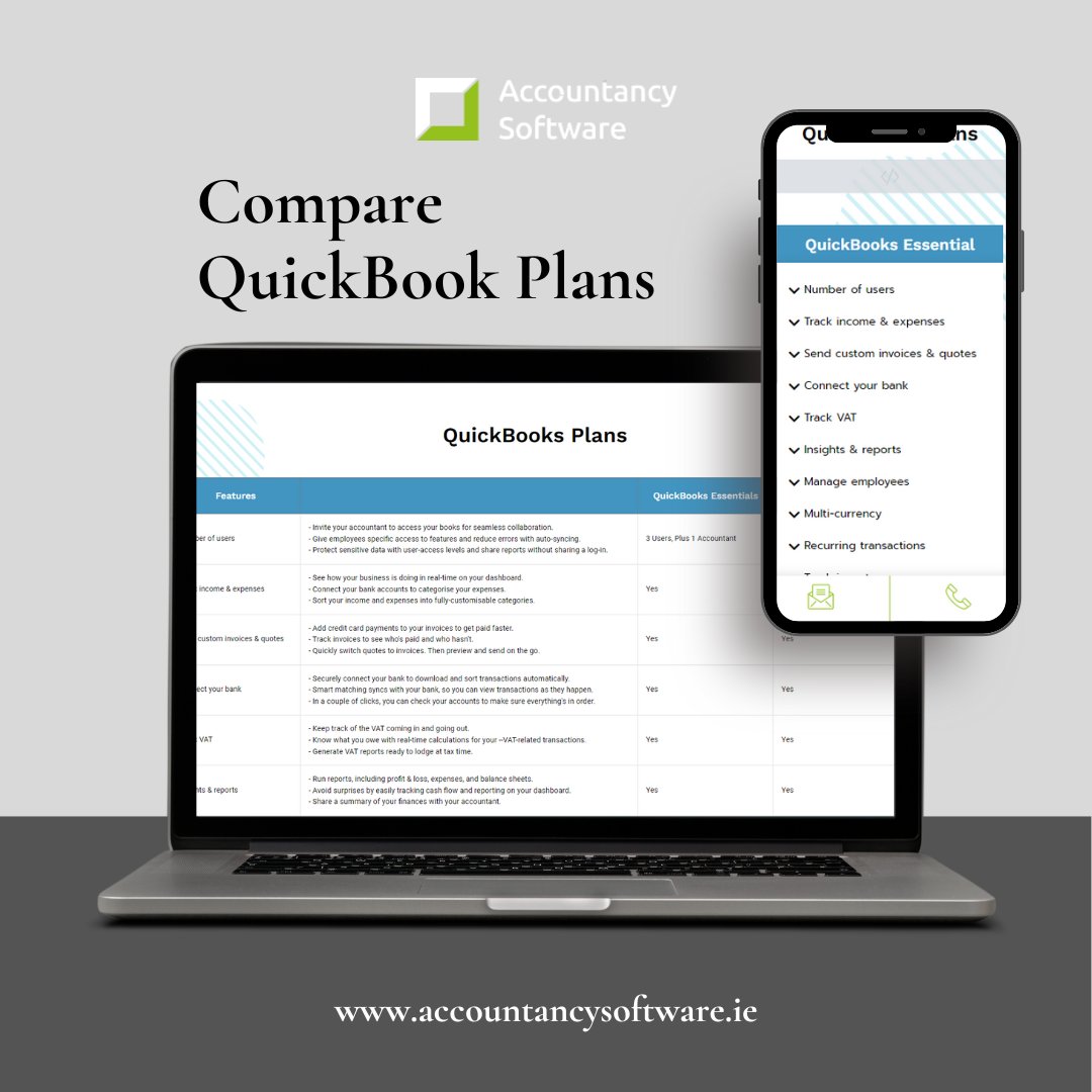AccountancyI's tweet photo. The different QuickBooks Plans offer a variety of different features. If you are unsure which plan is the best for you and your business, check out our website!
Alternatively, you can call us today at 01 612 0821!
#QuickBooksOnline
#QuickBooksProAdvisor https://t.co/1HOOWHj6cY