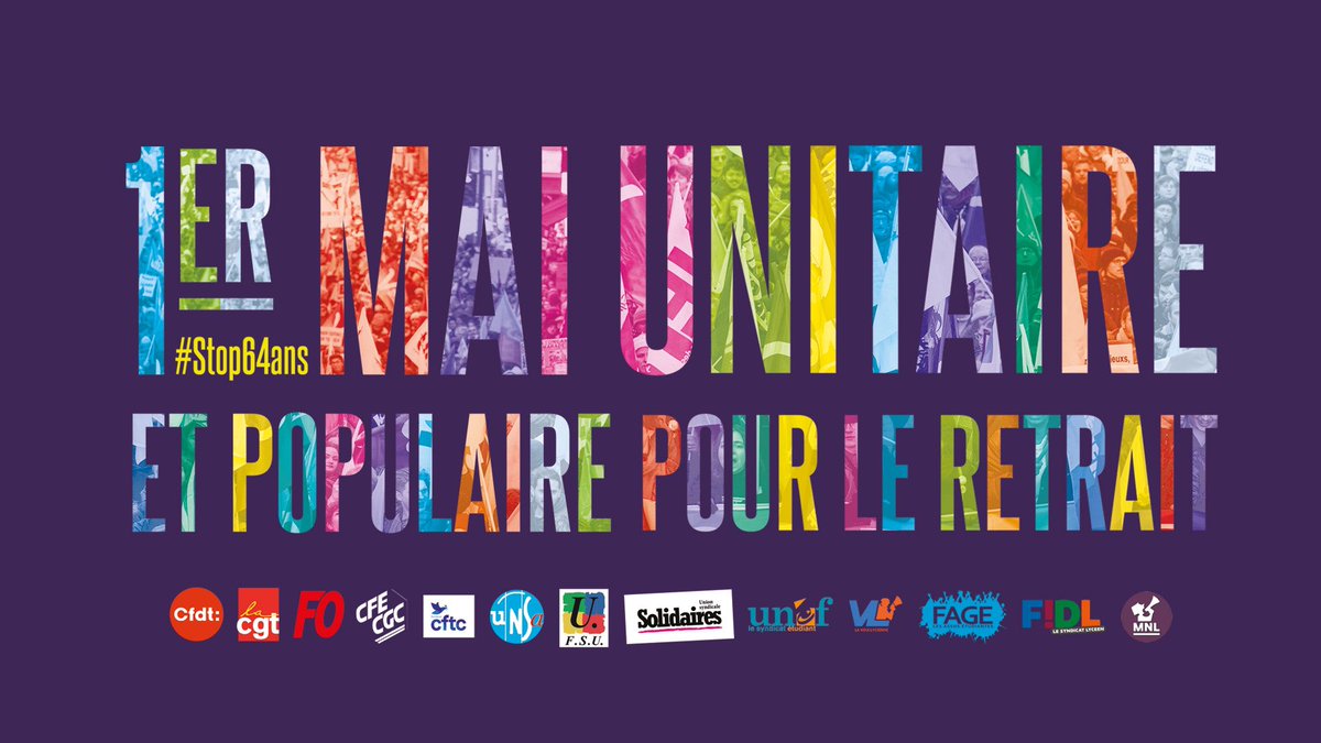 Le #1erMai sera unitaire et populaire, pour le retrait de la #ReformeDesRetraites ✊

Montrons à ce gouvernement que nous ne passerons pas à autre chose. On ne peut pas gouverner un pays contre son peuple #Stop64ans 

cgt.fr/comm-de-presse…