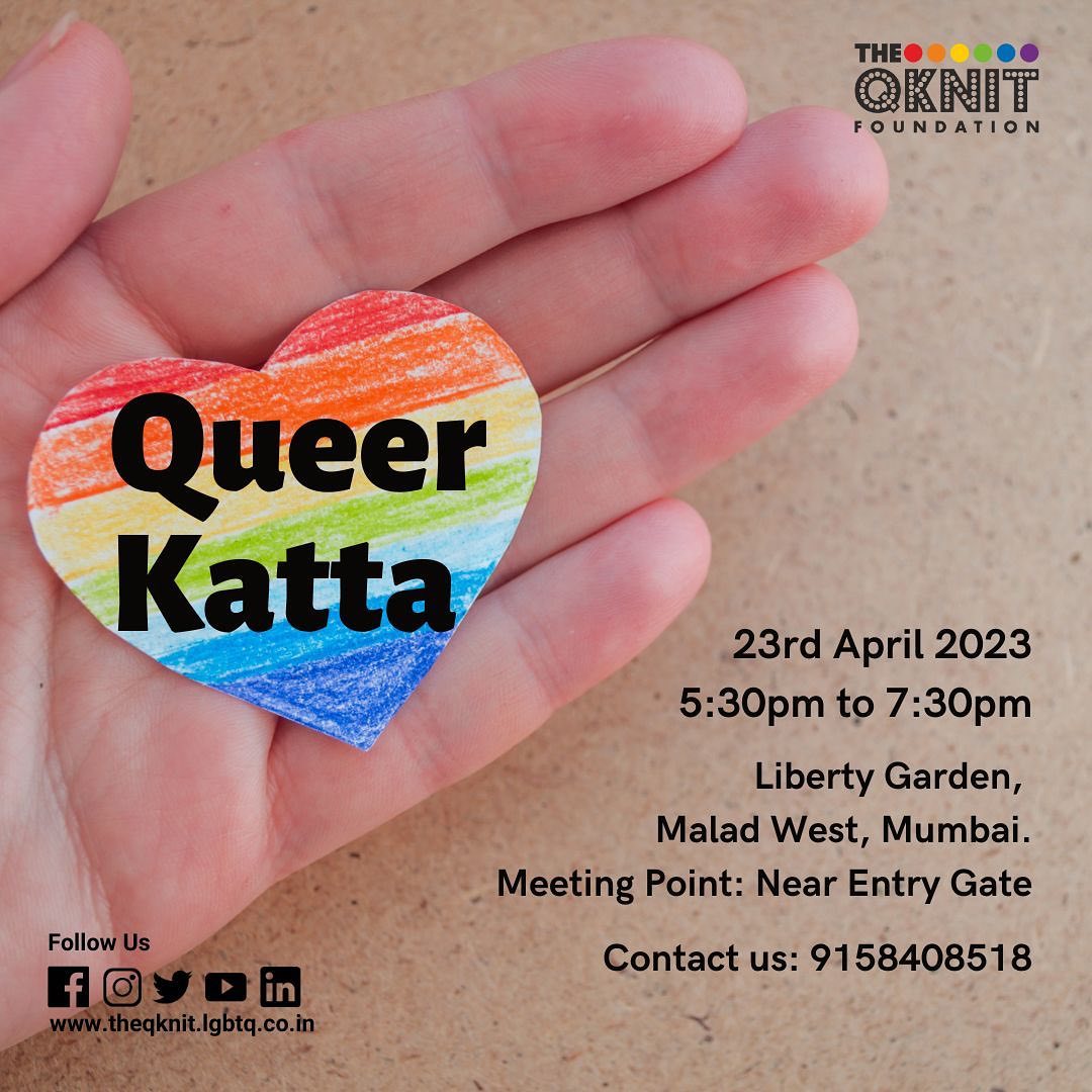 QKnitFoundation's tweet photo. Hello folks,
Join us for our this month’s Queer Katta.
Sunday 23rd April 2023
5:30 pm to 7:30 pm
Liberty Garden, Malad West
Contact: +91 91584 08518
Note: It is a free of charge event.
#theqknit #queer #queerkatta #conversation #talk #sharing #marriagequality https://t.co/8jZZrgVZN7