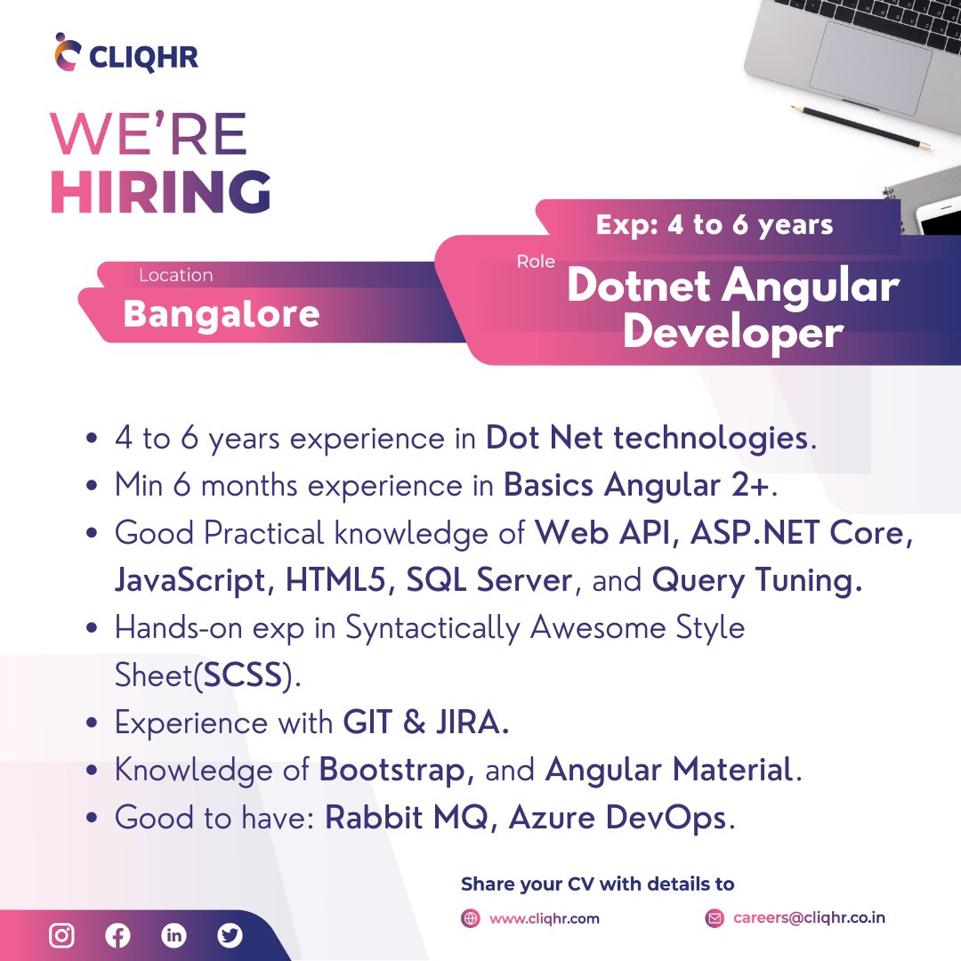 CliqHR's tweet image. 3 Job openings in Bangalore for Dotnet Angular Developer

Full JD: jobs.cliqhr.com/jobs/careers/2…

#dotnetjobs #angularjobs #dotnetdeveloper #angulardeveloper #itjobsearch #staffing #recruitment #nowhiring #recruiting #nowhiring #cliqhr