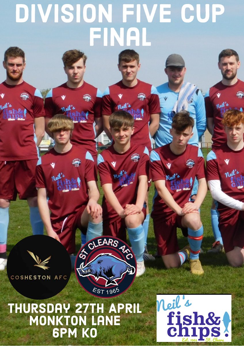 STCLEARSAFC's tweet photo. Reserve Team will face Cosheston in the final of the #PembsDiv5 🏆 on Thursday 27th April at Monkton. 6pm ko.
Anyone wishing to jump on the bus to watch and support the team please get in touch. 🐗 https://t.co/jrHyC1MSaV