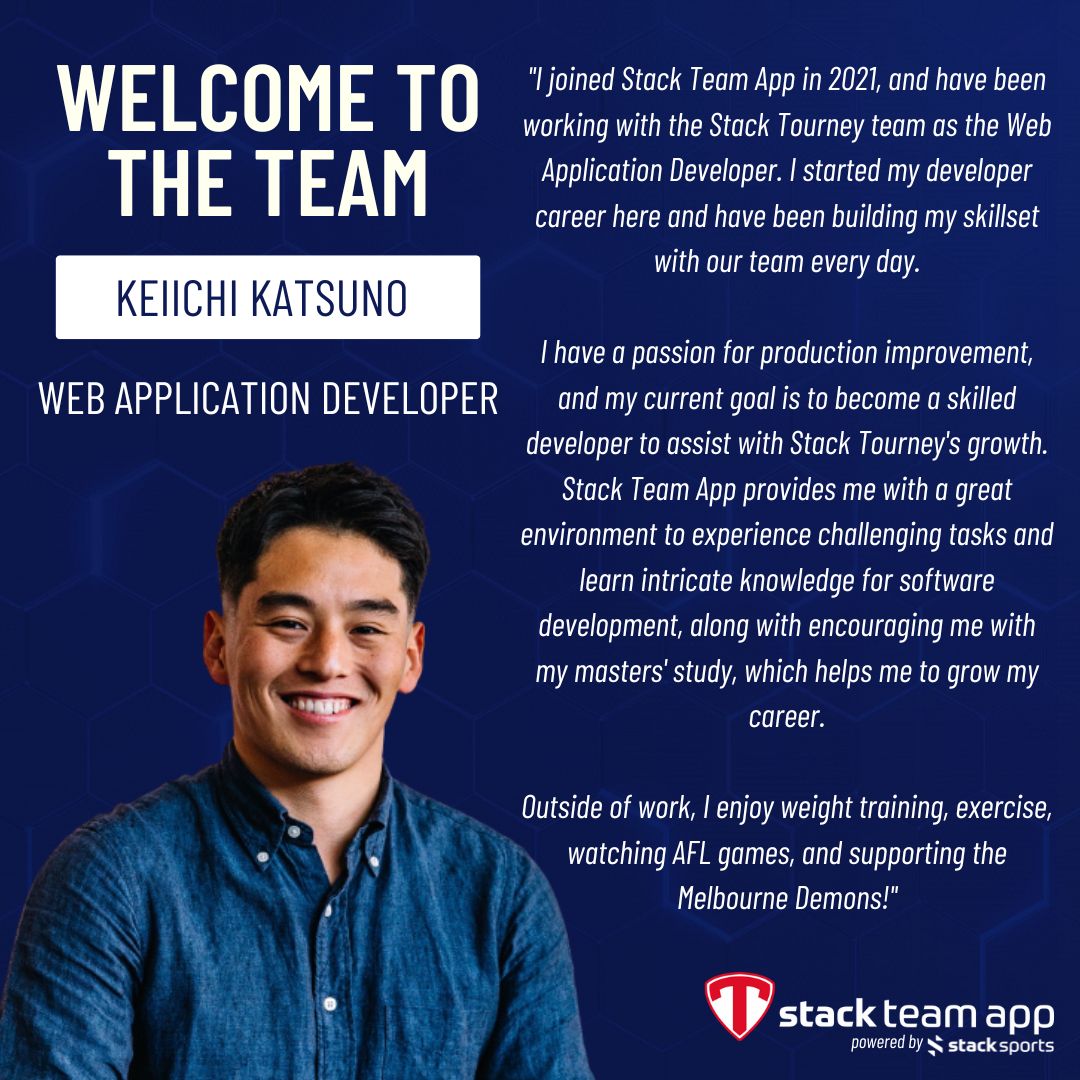 teamapp's tweet photo. Welcome to Stack Team App Keiichi Katsuno!

Keiichi first joined our team as an Intern in 2021.

He has now progressed to a full-time Web Application Developer working on Stack Tourney, our new competition management platform.

#Developers #StackTourney #StackTeamApp #StackSports https://t.co/LUM1WzXgRm