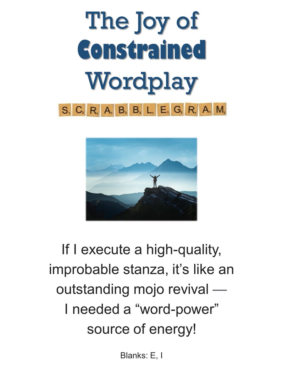dc_scrabblegram's tweet photo. SCRABBLEGRAM* OF THE DAY
The Joy of Constrained Wordplay
4/19 is National Poetry & the Creative Mind Day. I happen to love constrained wordplay, but any & all types of creativity are worthy of celebration.
*Uses all 100 Scrabble tiles.
#ConstrainedWordplay, #CreativeMindDay https://t.co/njtz3u61Gr