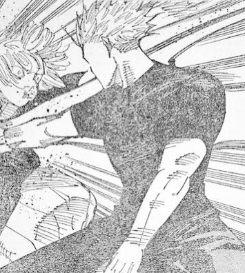 biyuuji's tweet photo. #jjk221 #jjkspoilers i'd just like to thank god and jesus for whoever decided to have gojo come back wearing a slutty slutty little black tshirt https://t.co/ybet7pXNcE