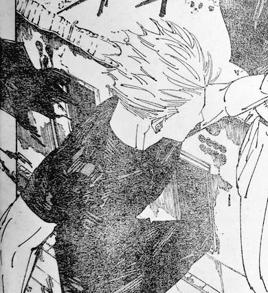 biyuuji's tweet photo. #jjk221 #jjkspoilers i'd just like to thank god and jesus for whoever decided to have gojo come back wearing a slutty slutty little black tshirt https://t.co/ybet7pXNcE