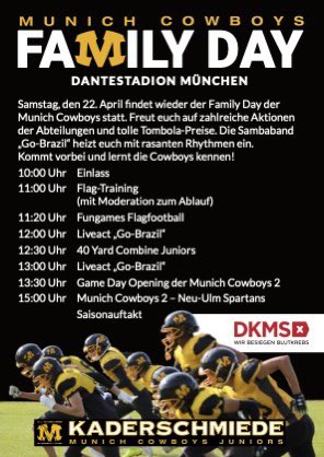 Die Munich Cowboys laden kommenden Samstag 22.4. 10 Uhr im Münchener Dantestadion zum Munich Family Day ein.
Ab 15 Uhr wird die Munich Cowboys II ihren Saisonauftakt in der Regionalliga Bayern gegen die Neu-Ulm Spartans starten.

 #miasanfootball #munichcowboys #munichfootball