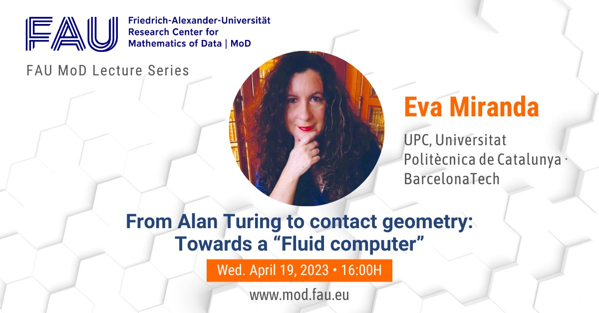 uniFAU_mod's tweet photo. Ready?
TODAY we🚀with our #FAUMoDLecture at @UniFAU:

From Alan #Turing to contact Geometry: Towards a "Fluid computer"
By Prof. Eva Miranda @evamirandag - @la_UPC

Wed. April 19, 2023📌16:00H
@uniFAU_mod On-site: #FAU &amp; online: Zoom

https://t.co/yw5gVCpjLX

See you later! 😀 https://t.co/T7g6raB7Dv