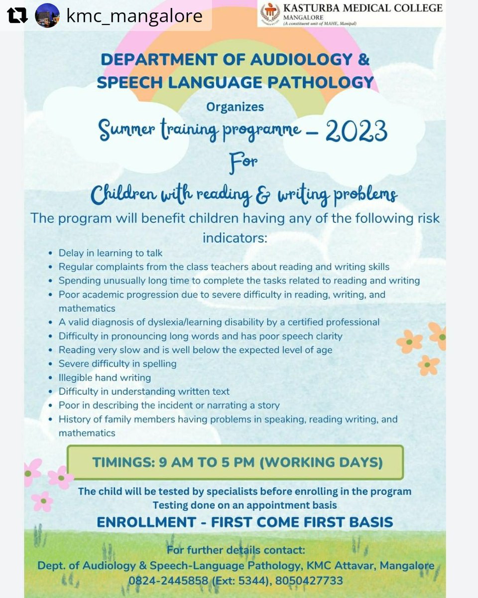 ASLPKMCMLR's tweet photo. #Repost @kmc_mangalore
Summer's here and so is our Summer Training Programme for Reading and Writing Difficulties! #SummerTraining #ReadingSkills #WritingSkills #LiteracyProgramme
#dyslexia #children #learning #ASLP #kmcmlr #speechlanguagepathology #speechlanguagepathologist https://t.co/R3BVUbOnoI