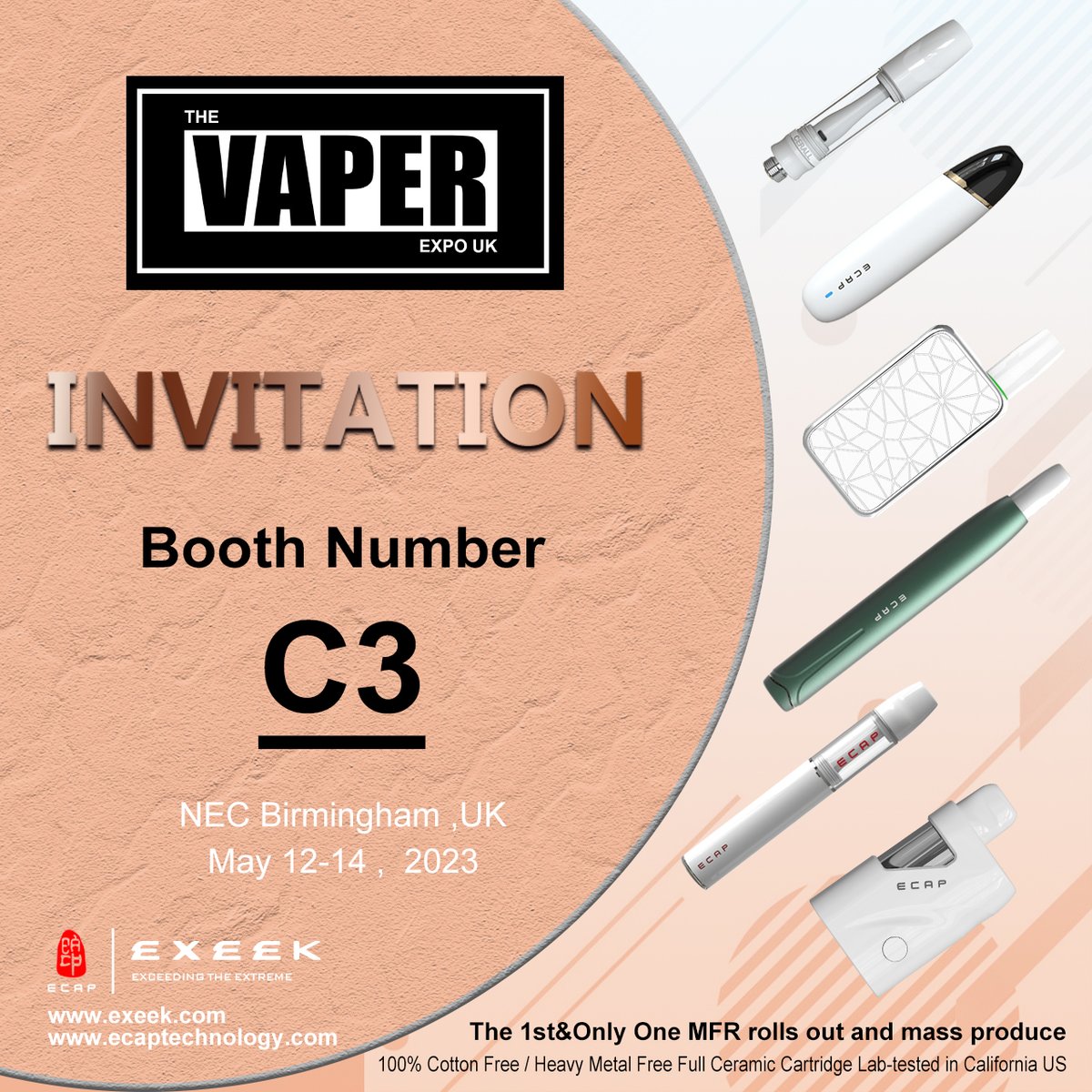 EcapJulie's tweet photo. Hello everyone!

We are pleased to attend The Vaper EXPO UK in May 12-14th. and will show you new ceramic coil of cartridges, disposable(No cotton inside) and how to select cartridges, disposable(No clogging, No Leaking)
#ecap #exeek #cemevo #cannabis #nicotine #cartridges #420 https://t.co/kUIm27Zyne