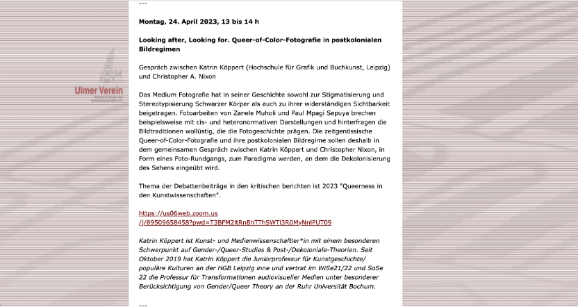QueerOmat's tweet photo. Am 24.4. um 13 Uhr werden sich @ch_a_nixon und ich im Rahmen der Lunch-Talk-Reihe des @UlmerVerein über Queer-of-Color-Fotografie in postkolonialen Bildregimen unterhalten, in Form eines Foto-Rundgangs. https://t.co/lnqKQYwjhN https://t.co/gUknw8SxAZ