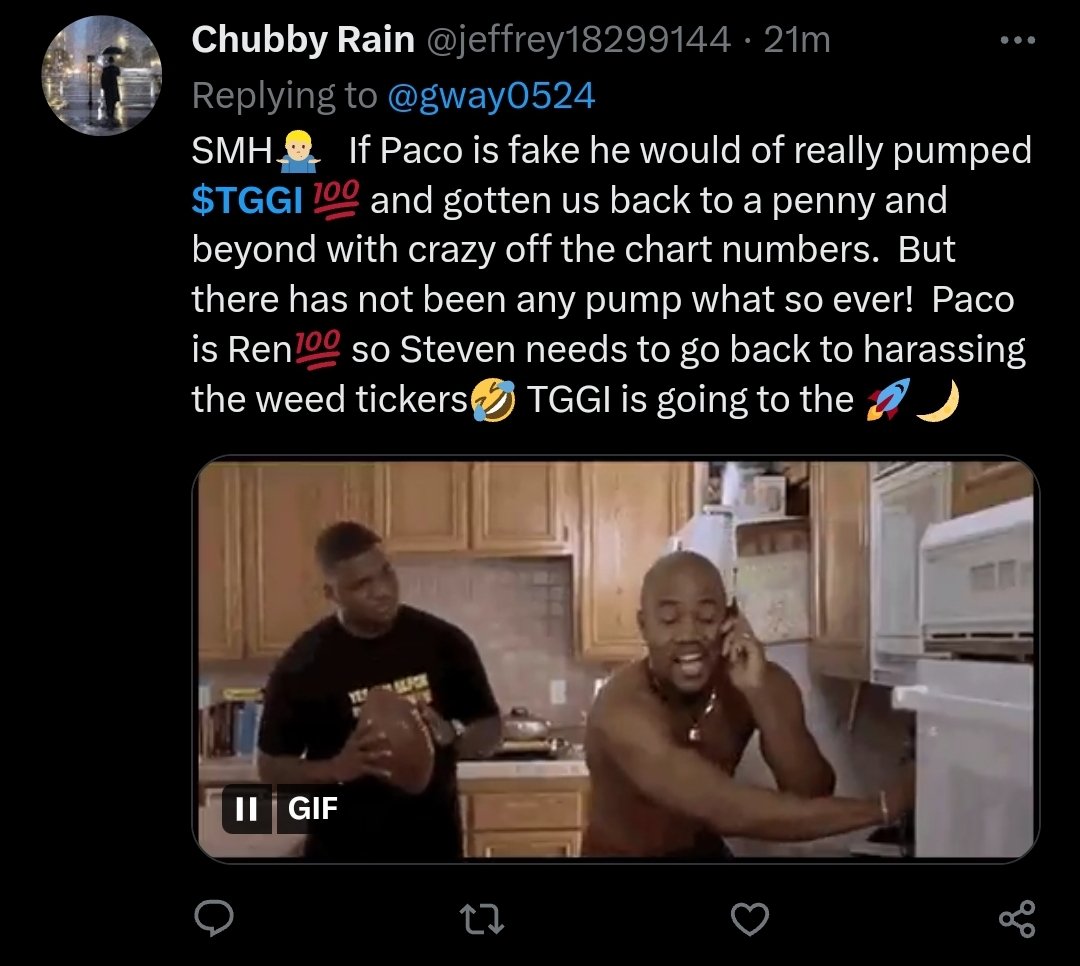 PaidBasherRod's tweet photo. Paco is fake and is @gway0524 having conversations with himself. The point isn't to pump $tggi. Gway fancies himself a founder of tggi's DD. The Paco persona is just a way he can continue getting that narcissism fed under the guise of having a direct connection to Ren https://t.co/yobboudXlL