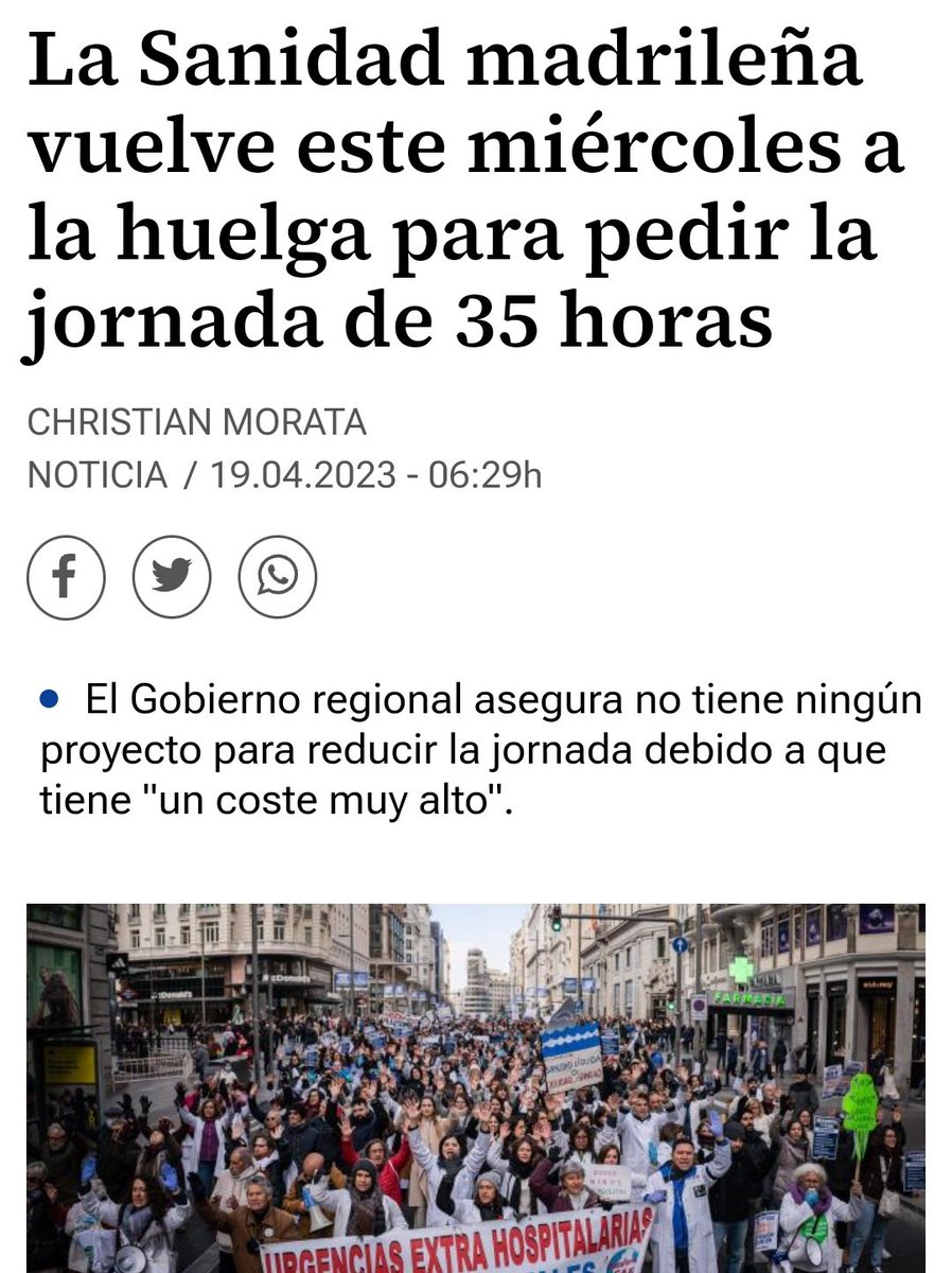 Hoy hay huelga en la sanidad madrileña

Una reivindicación en el centro: jornada laboral de 35 hrs/semanales

Solo quedan 4 CCAA sin haberla recuperado: Galicia, Cataluña, Murcia y Madrid

En 2012 era un derecho. Ahora Ayuso dice que es imposible. El 29M puede ser real de nuevo
