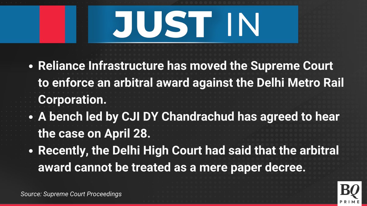 BQthefineprint's tweet image. #RelianceInfrastructure moves the #SupremeCourt to enforce an arbitral award against #DMRC.

Background: bit.ly/3MUsxGc