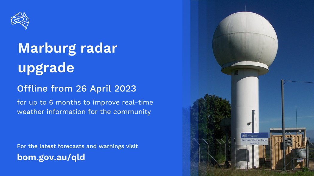 BOM_Qld's tweet photo. The #Brisbane Marburg radar will be offline for up to 6 mths to begin its replacement with a new Doppler radar. There will be no impact to the Bureau’s forecasts and warnings. Alternate sources for rainfall awareness incl. Mt Staplyton, temporary Bris Airport radar and #Meteye. https://t.co/Gx7pphSxfL